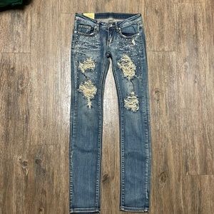 Machine Jeans Y2K Style Stretch Denim With Rivets and Rhinestones